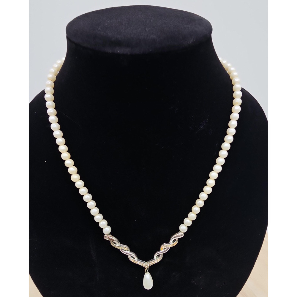 Necklace White Imitation Pearl Teardrop Pendant‎ Rhinestone 20 In Lobster Womens